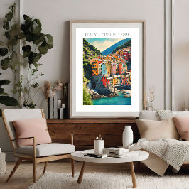 Colorful Italy Cinque Terre Village Watercolor Poster
