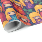 Colorful Japanese Kokeshi Dolls Pattern Geschenkpapier (Rolleneckpunkt)