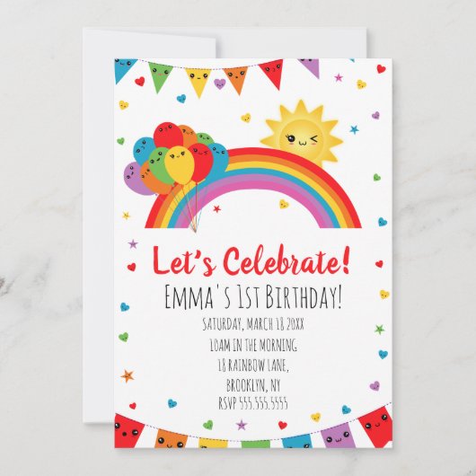 Colorful Kawaii Kids Rainbow Birthday Party Einladung (Vorderseite)