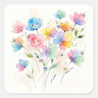 Colorful Kawaii Smiling Flowers Bunch Quadratischer Aufkleber