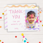 Colorful Kids Photo Girl Birthday Thank you Postkarte<br><div class="desc">Personalized birthday thank you postcard for girls with photo and text I love your wonderful gift. Cute birthday thank you card for your friends and family. Upload your photo and personalize the postcard with your name and text. The postcard has colorful stars and waves on the front and the backside....</div>