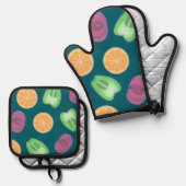 Colorful Kitchen Frucht & Veggie Ofenhandschuh & Topflappen-Set (Vorderseite/Rückseite)