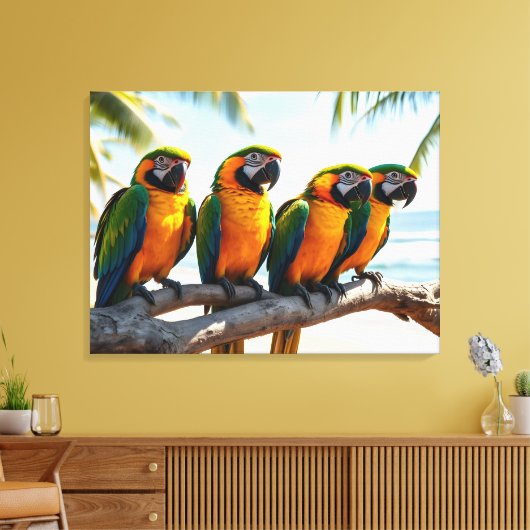 Colorful Macaw Parrots By Beach Bird Art Leinwanddruck (Insitu (Wohnzimmer))