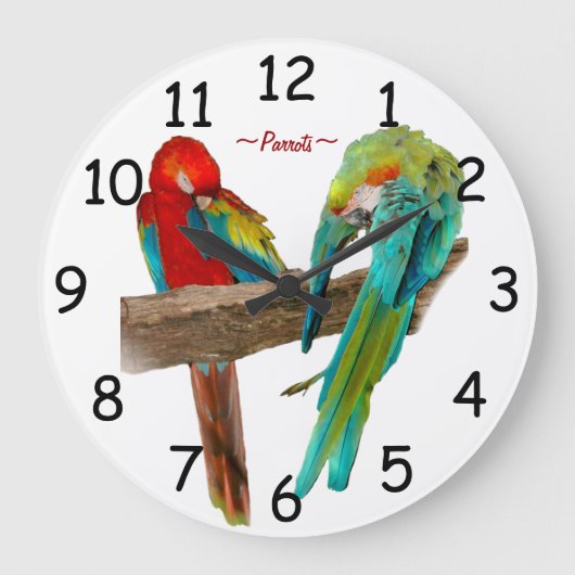 Colorful Macaw Parrots Wall Clock Große Wanduhr (Vorderseite)