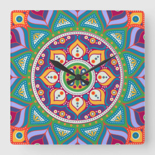 Colorful Mandala Clock Quadratische Wanduhr