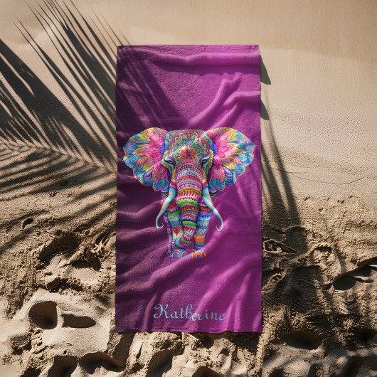 Colorful Mandala Elephant with Customized Name Strandtuch