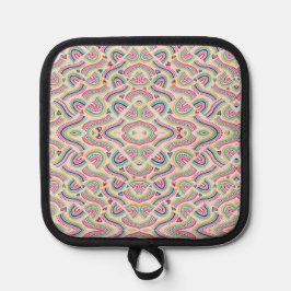 Colorful mandala-patterned pot holder with black  topflappen