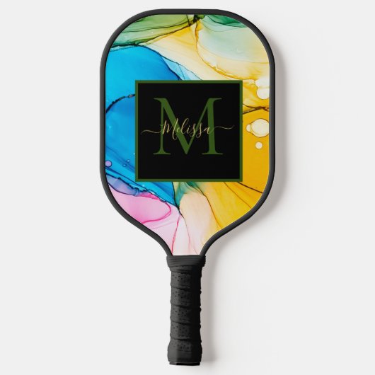 Colorful Marbled Monogram Name Pickleball Schläger (Rückseite)