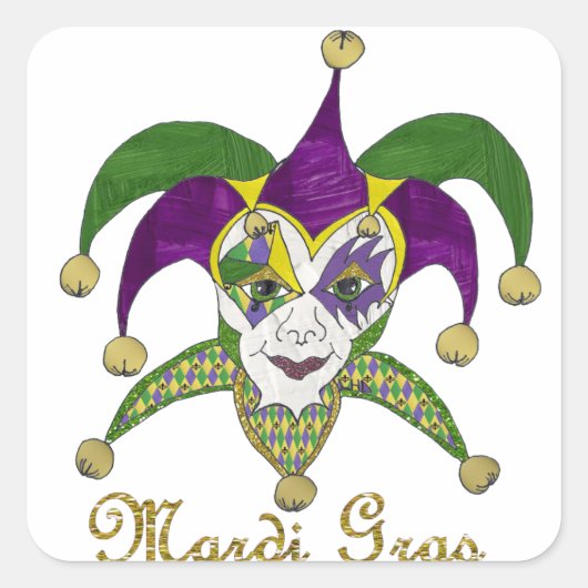 Colorful Mardi Gras Jesters Mask Quadratischer Aufkleber (Vorderseite)
