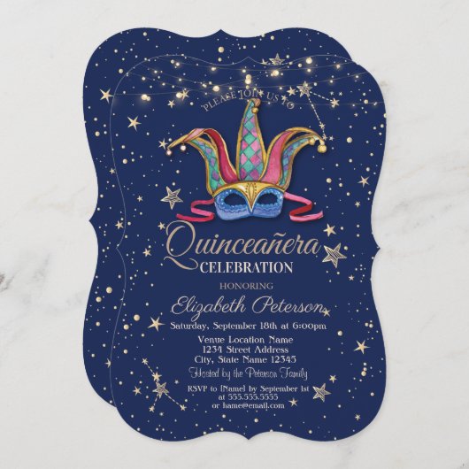 Colorful Masque Navy Blue Stars Quinceañera Einladung (Vorne/Hinten)