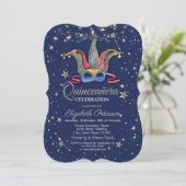 Colorful Masque Navy Blue Stars Quinceañera Einladung (Stehend Vorderseite)