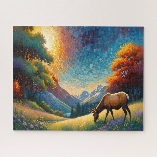 Colorful Meadow Elk with Flowers Art Puzzle (Horizontal)