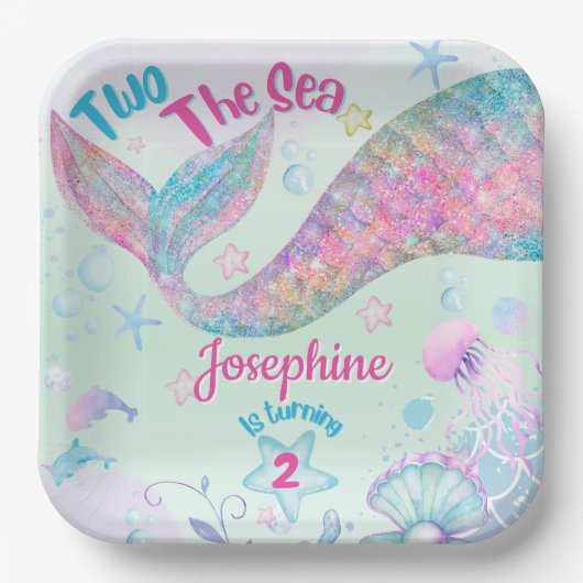 Colorful Mermaid second birthday square Pappteller (Vorderseite)
