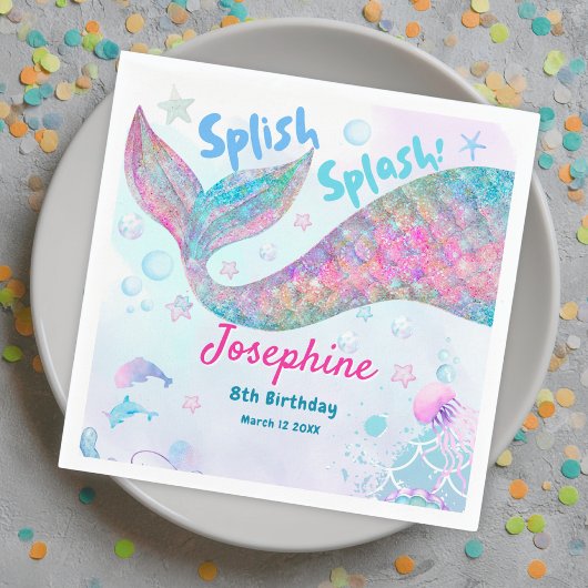 Colorful Mermaid watercolor birthday custom Serviette
