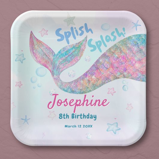 Colorful Mermaid watercolor birthday square Pappteller