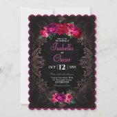 Colorful Mexican pink floral wedding black Einladung (Vorderseite)