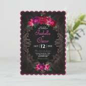 Colorful Mexican pink floral wedding black Einladung (Stehend Vorderseite)