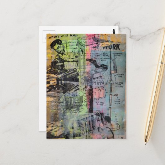 Colorful Mixed Media Retro Hobbies Woodworking Men Postkarte (Vorderseite/Rückseite Beispiel)