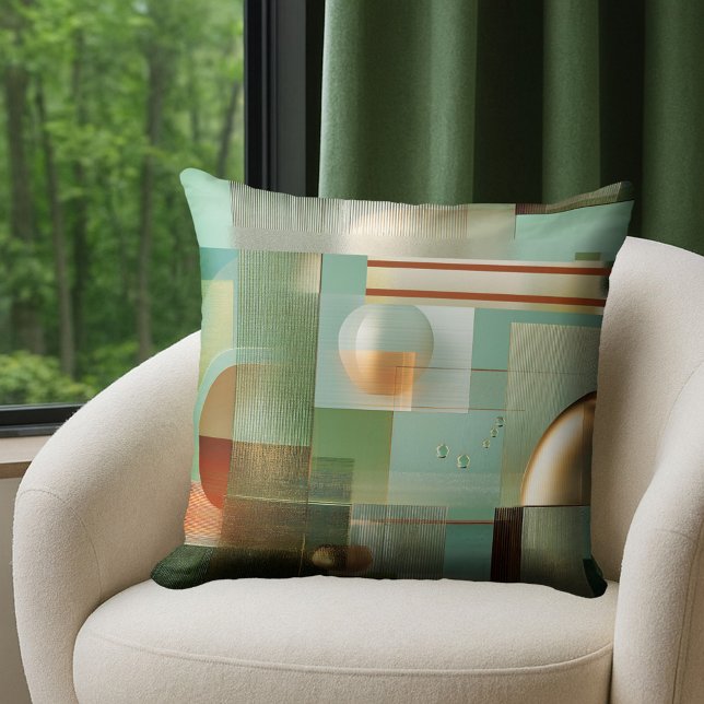 Colorful Modern Abstract Teal Gold  Kissen (Pillow featuring a modern Bauhaus style abstract design in green, teal and gold.)