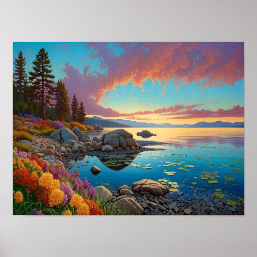 Colorful Mountain Lake Flowers Art Poster (Vorne)