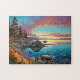 Colorful Mountain Lake Flowers Art Puzzle