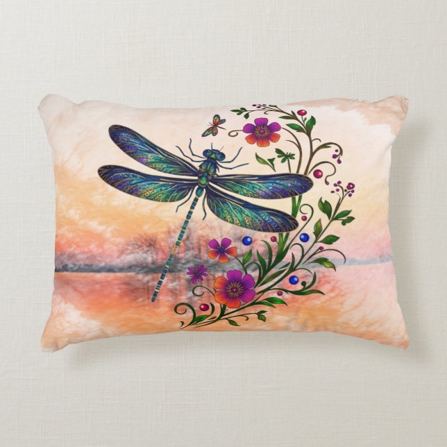 Colorful Nature Vibrant Dragonfly Floral Art  Dekokissen (Vorderseite)