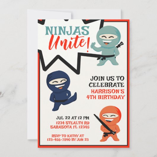 Colorful Ninja Karate Birthday Einladung (Vorderseite)
