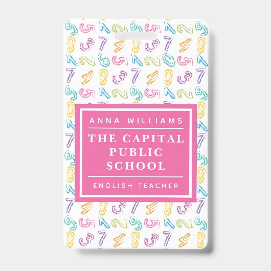 Colorful Number Elementary School Mathe Teacher Ausweis (Front)