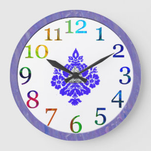 colorful numbers and blue damask große wanduhr