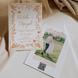 Colorful Orange Drawn Floral Photo QR Code Wedding Einladung