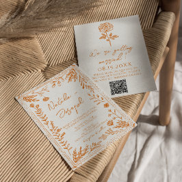 Colorful Orange Hand Drawn Floral QR Code Wedding Einladung