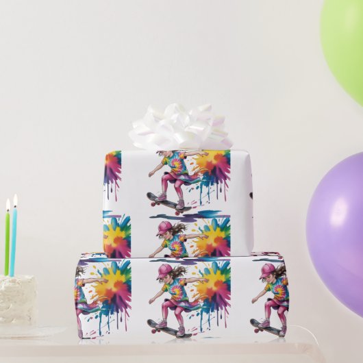 Colorful Painted Girl Skateboarder Birthday Gift Geschenkpapier (Partygeschenke)