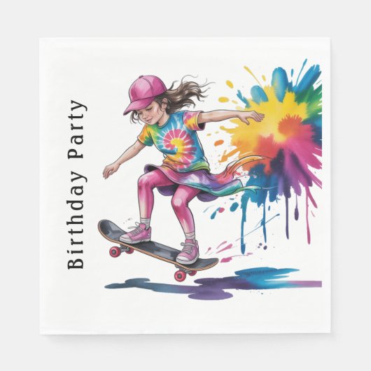 Colorful Painted Girl Skateboarder Birthday Party Serviette (Vorderseite)
