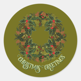 Colorful Paisley Wreath on Green Christmas Card Runder Aufkleber