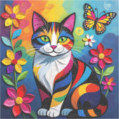 Colorful Paper Cat, Flowers and Butterflies Aufkleber (Vorderseite)