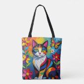 Colorful Paper Cat, Flowers and Butterflies Tasche (Rückseite)