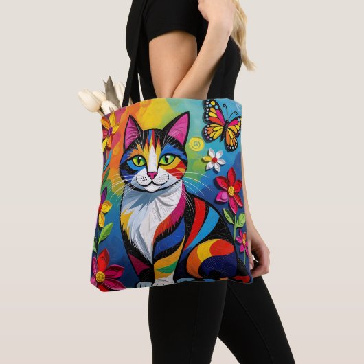 Colorful Paper Cat, Flowers and Butterflies Tasche (Von Nahem)