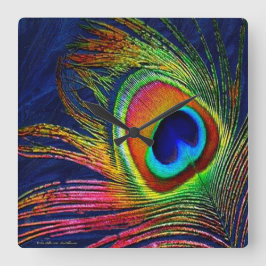 Colorful Peacock Feather Print Quadratische Wanduhr