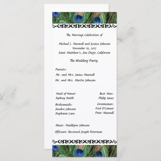 Colorful Peacock Feather Wedding Program Programm (Vorne/Hinten)