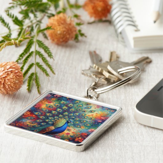 Colorful Peacock Feathers and Flowers Schlüsselanhänger (Seite)