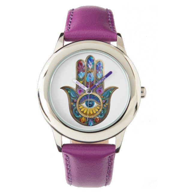 Colorful Petals Leaves Hamsa Sapphire Third Eye Armbanduhr (Vorderseite)