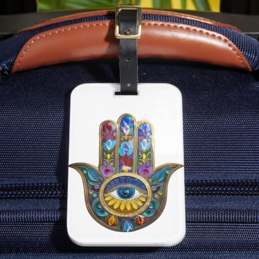 Colorful Petals Leaves Hamsa Sapphire Third Eye Gepäckanhänger (Vorderseite Insitu 2)