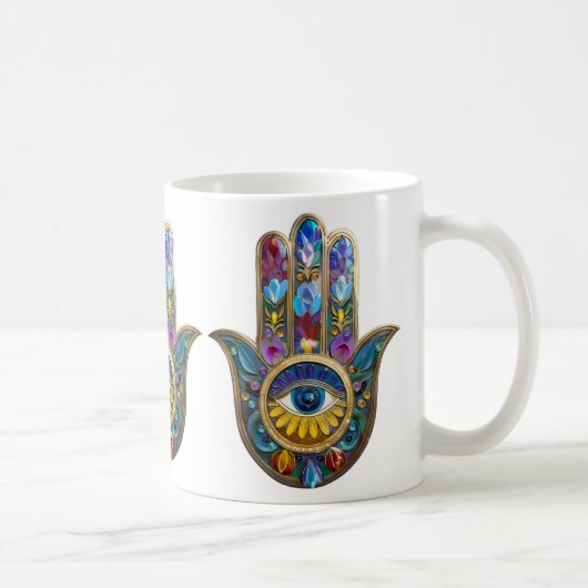 Colorful Petals Leaves Hamsa Sapphire Third Eye Kaffeetasse (Rechts)