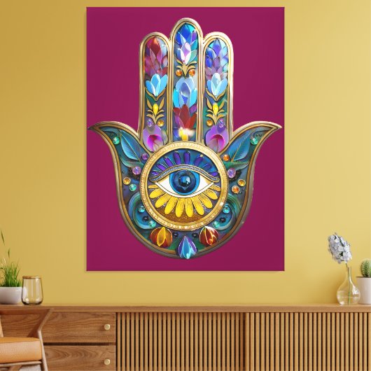Colorful Petals Leaves Hamsa Sapphire Third Eye Leinwanddruck (Insitu (Wohnzimmer))