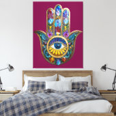 Colorful Petals Leaves Hamsa Sapphire Third Eye Leinwanddruck (Insitu (Schlafzimmer))