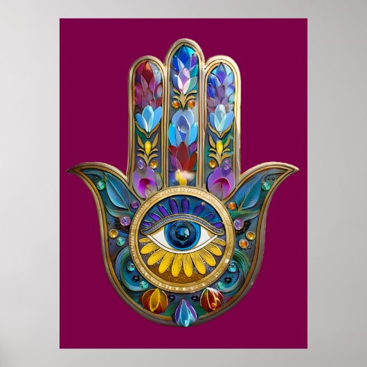 Colorful Petals Leaves Hamsa Sapphire Third Eye Poster (Vorne)