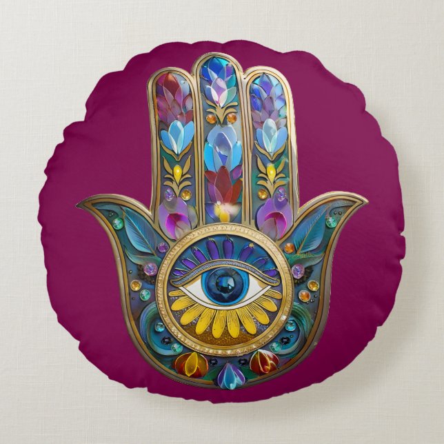 Colorful Petals Leaves Hamsa Sapphire Third Eye Rundes Kissen (Vorderseite)