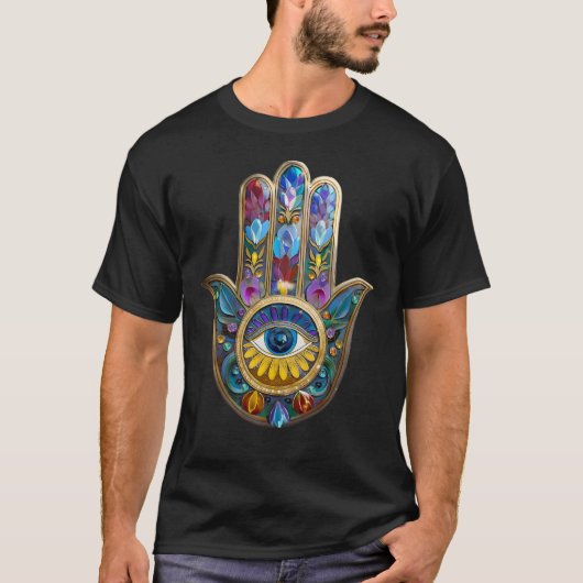 Colorful Petals Leaves Hamsa Sapphire Third Eye T-Shirt (Vorderseite)