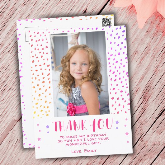 Colorful Pink Stars Girl Photo Birthday Thank You Postkarte
