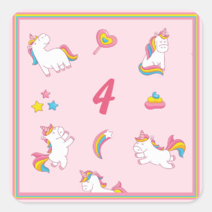 Colorful Pink Unicorns Birthday Age Quadratischer Aufkleber